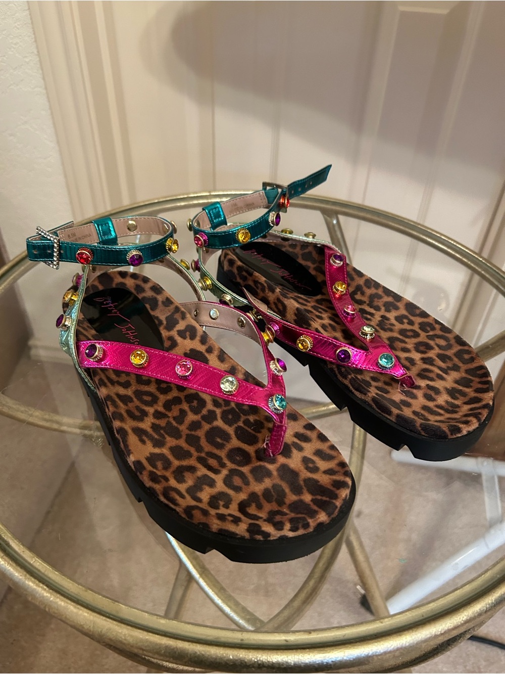 Betsey Johnson Leopard Platform Sandals with Hot Pink and Teal Straps